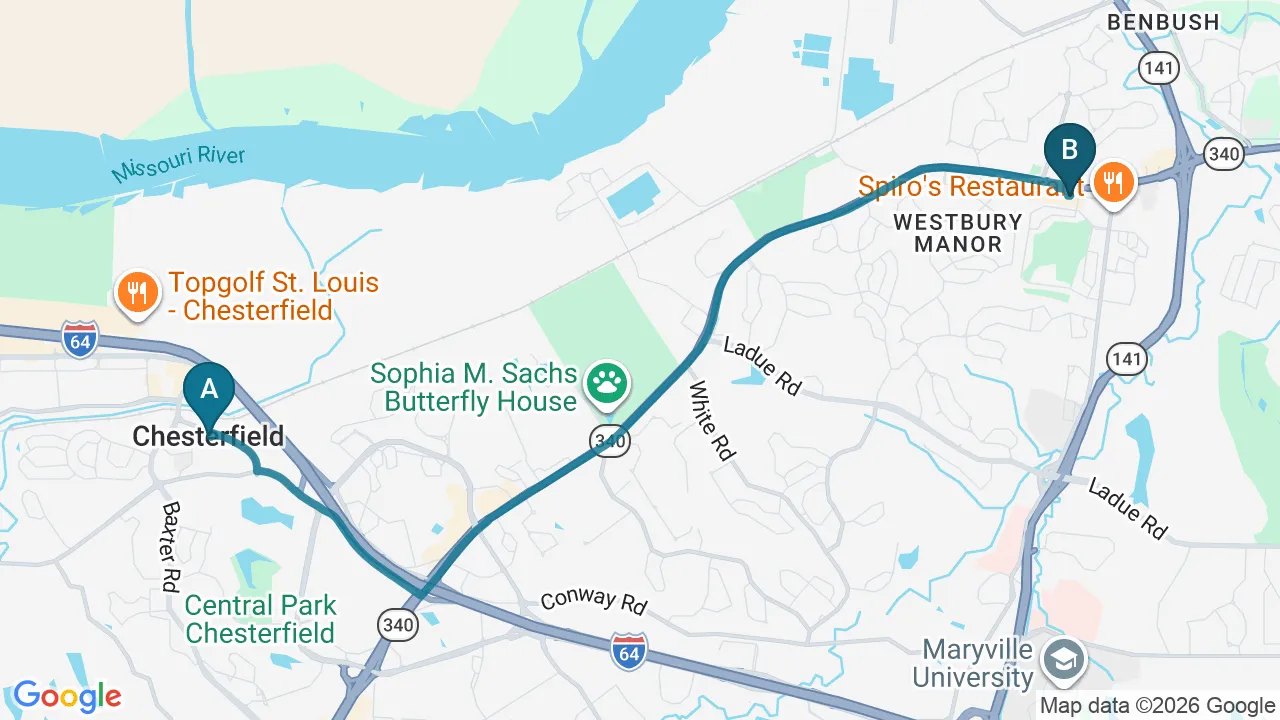 Driving directions map from Chesterfield, MO to Full Circle Health in Chesterfield